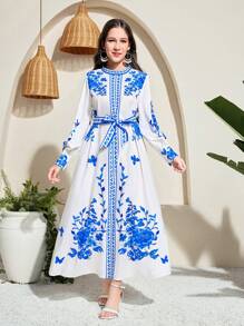 SHEIN Leap Crew 少女斋月、国庆节、宰牲节泡泡袖 A 字形花卉印花连衣裙，编织蓝白陶瓷图案 - 藍白色 - 查看 5