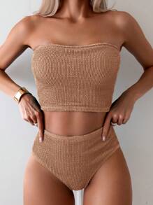 Swim Basics 女士纯色休闲抹胸比基尼套装，适合夏季海滩度假 - 棕色 - 查看 1