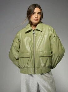 MISSGUIDED 超大款优质PU皮革飞行员夹克，时尚街头风单品，弹性腰带，拉链前襟，秋冬厚外套，圣诞节必备。 - 綠色 - 查看 1