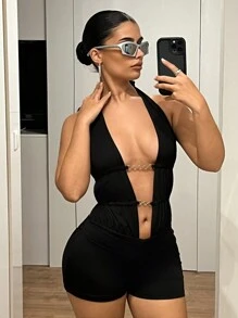 SHEIN ICON Y2K Sexy Deep V Black Bodycon Rompers - Black - View 3