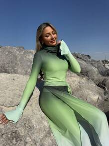 Swim Shayni Conjunto informal de tankini para mujer con top de manga larga, pantalón y falda como cubreadam para usar en verano y vacaciones en la playa, con cuello alto y efecto ombré