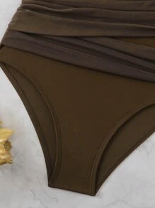 SHEIN Swim Damen Einteiliger Badeanzug mit Plissee, figurumspielend, ärmellos, einfarbig, für den Sommer - Braun - Übersicht 4