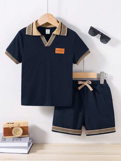 2pcs/Set Tween Boy Casual Color Block Collar Patch Short Sleeve Polo Shirt And Elastic Waist Shorts Outfit, Suitable For Autumn, Spring, Summer, For Outdoor Play, School, Street Style, Party And Leisure