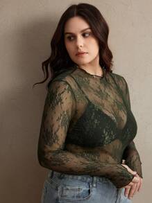 Anewsta Women's Lace Sheer Elegant Thumb Hole Blouse, Suitable For Holiday Party Attire - Dark Green - View 3