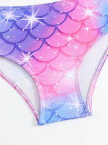 Young Girl Cute Mermaid Scale Print Shell Bikini And Mermaid Tail 3pcs Beachwear Set, With Ruffle Design And Mesh Splice - Purple - View 7