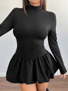 SHEIN Unity Plus Size Women Long Sleeve Floral Bubble Dress With Turtleneck - Black - View 7