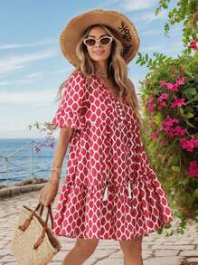 SHEIN VCAY Vacation Woven Plunging V-Neck Loose Mini Dress For Women,Vacation Outfit,Summer Outfits For Women - Pink - View 3