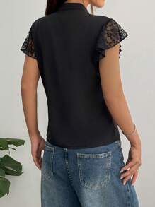 SHEIN Unity 女士休闲纯色撞色蕾丝荷叶边下摆衬衫 - 黑色 - 查看 2