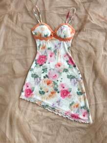 Soleia Vestido de verano con estampado floral romántico, encaje de contraste, dobladillo asimétrico, tirantes de espagueti para vacaciones, playa, primavera, Día de San Valentín, cumpleaños