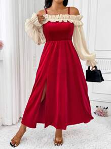 SHEIN Unity 大码女式优雅露肩长袖荷叶边天鹅绒紧身连衣裙，情人节红色，新年 - 彩色 - 查看 5