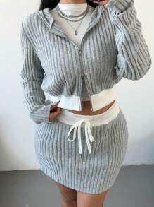 POPSWAY 2pcs/Set Plus Size Women Grey Casual Sport Pullover Sweatshirt And Mini Skirt Suit, Simple Style