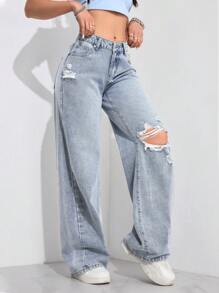 SHEIN EZwear Women's Casual Washed Distressed Wide Leg Jeans - Light Wash - View 4