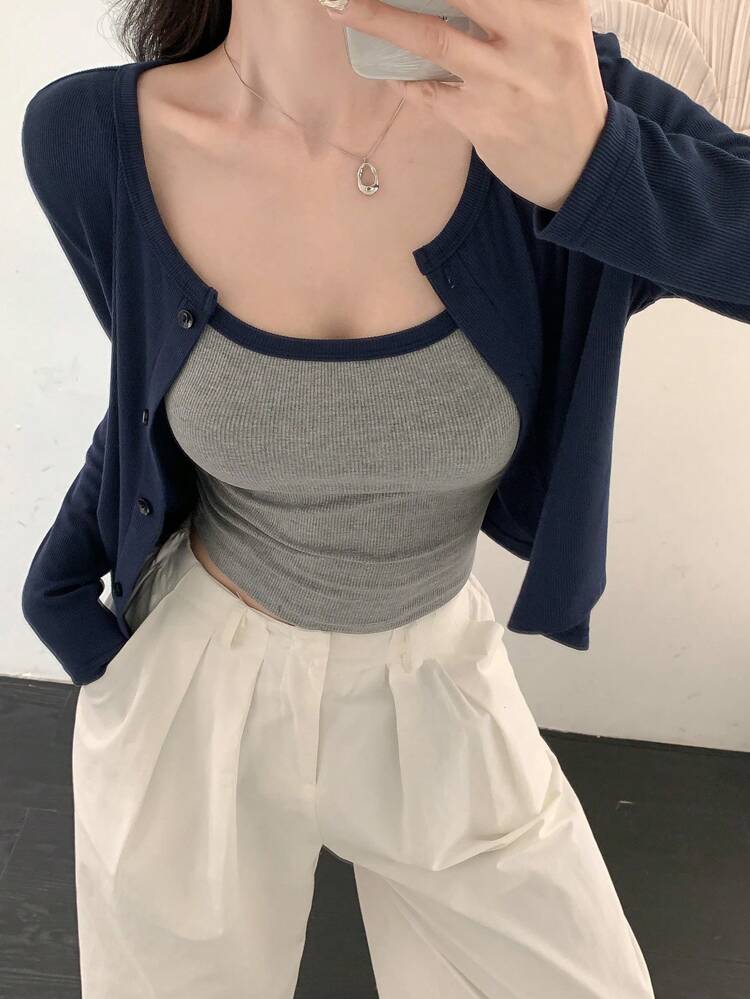 2pcs Women Casual Contrast Color Trim Camisole & Solid Color Long Sleeve Top Set,Fall Women Clothes