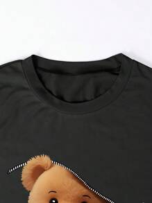 Sparklyn 青少年女孩休闲简约熊印花褶皱短袖 T 恤