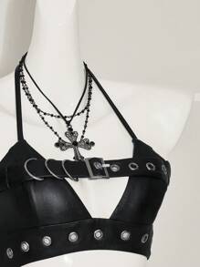 SHEIN ICON Áo ba lỗ hở lưng bằng da PU Grommet trang trí Y2k hở lưng kiểu Goth dành cho nữ, thời trang tối giản, mặc thường ngày - màu đen - Xem 9