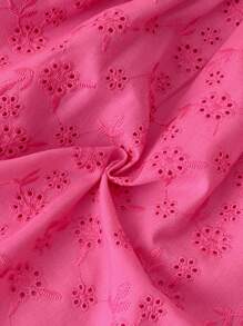 SHEIN Young Girl Hollow Embroidered Round Ruffle Cake Hem Dress, Spring/Summer Ramandan Style Matching Family Vacation, Holidays, National, Suitable For Girls Daily Wear, Home Wear, Festivals, Family Gatherings And Special Occasions, Sibling Outfits, Spring And Summer, Cute & Elegant & Sweet & Vintage & Fashionable.Mom And Daughter & Sisters Matching. - Hot Pink - View 5