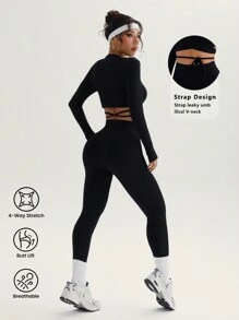 Easithlete 交叉短款裹身性感紧身 V 领性感短款上衣长袖、提拉蜜桃臀健身运动休闲修身长腿高弹力打底衫纯色优雅瑜伽 2 件套 - 黑色 - 查看 2