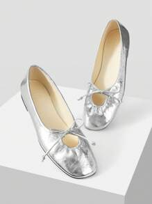 MOTF PREMIUM FASHIONABLE CASUAL COMFORTABLE VERSATILE SILVER BOW DECOR MARY JANE FLATS, SPRING SHOES, SPRING BREAK EASTER - Silver - View 4