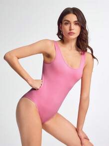 SHEIN Sports 女士纯色无袖修身连体裤，休闲度假 - 粉色 - 查看 6