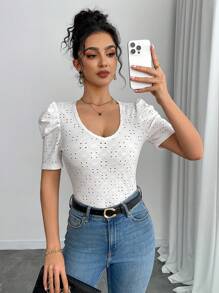 Chiquease 女士纯色提花针织修身休闲泡泡袖短袖毛衣 - 白色 - 查看 4