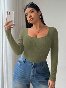 SHEIN EZwear Plus Size Women's School Casual Basic Crew Neck Long Sleeve Knit T-Shirt, Elastic And Soft Fabric Suitable For Everyday Wear, Yoga, Indoor And Outdoor, Military Green