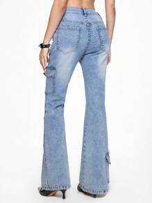 ROMWE Jeans de mezclilla sencillos con bolsillo delantero con botones para mujer, uso casual de todos los días