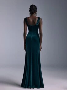 Elitara Bridesmaid Dress With Wide Straps, Ruched Velvet Elegant Formal Evening Prom Wedding Guest Gown, For Graduation, Dinner Party Dress - Dark Green - View 7