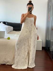 Livesso Chinese Style Tie-Dye Print Crinkle Fabric Camisole Jumpsuit Pajama - White - View 4