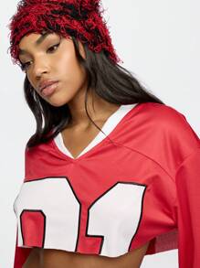 SUMWON WOMEN Jersey Athletic Varsity Style Cropped Football Top Sporty Team Number Long Sleeve Performance Casual Game Day Fall Winter Season Fashion