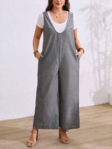 SHEIN LUNE Mono de talla grande para mujer con escote en V, informal, de lino a rayas, sin mangas, con cremallera trasera y bolsillos