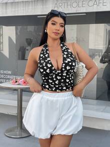 Solflare 大码女式花朵上衣、海滩度假碎花露背上衣、简约休闲日常穿着、春夏 - 彩色 - 查看 4