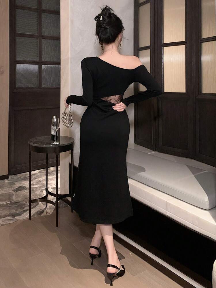 Asymmetrical Lace Splice Mid-Length Dress For Women Prom Dress Elegant,Fall Dress Long Sleeve Dress