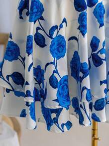 Soleia Vestido de mujer de talla grande con estampado de rosas y cintura elástica, adecuado para volver al colegio, vacaciones y uso a principios de otoño - Azul - Ver 5