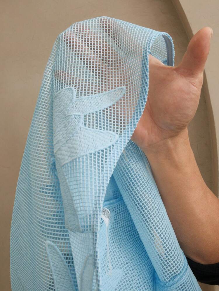 Women's Shirt Mesh Embroidered High-End Custom Perspective Blue Women's Long Sleeved Casual Shirt Elegant, Casual, Vacation, Spring