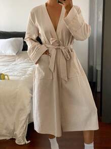 Livesso 简约蕾丝拼接下摆长款系带睡袍，家居服，舒适保暖，秋冬款