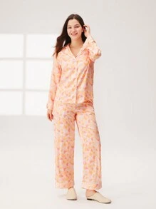 LUVLETTE Conjunto de pijama de satén sedoso con estampado floral, blusa con botones y pantalones con bolsillos, conjunto de lencería para mujer