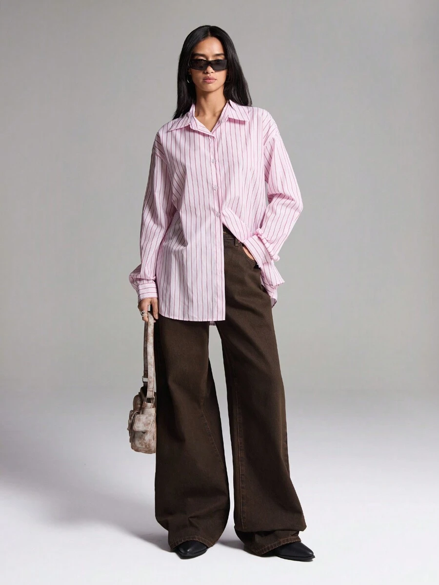 LYSMO Women's Striped Drop Shoulder Long Sleeve Button Down Casual Loose Blouse - Baby Pink - View 1