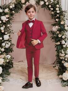 3pcs Tween Boys' Fashionable Red Suit Jacket, Red Waistcoat And Red Pants, Three Pieces Suit Set - Red - View 1