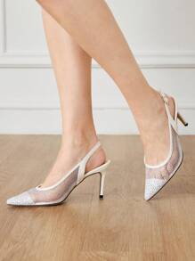 CUCCOO HITCHD Sepatu hak sedang berujung runcing berenda untuk wanita, dihiasi rhinestones, elegan untuk pesta pernikahan, pesta, dan kencan musim semi. - Putih - View 3