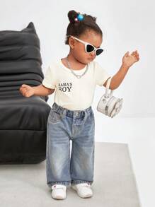 SHEIN Baby Girls' Vintage Blue Denim Wide-Leg Pants