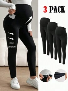 SHEIN 3pcs/Set Maternity Solid Color Adjustable Waist Leggings, Autumn/Winter Maternity Pants