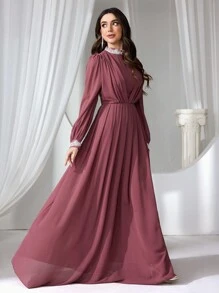 Coutiva Women Contrast Rhinestone Mock Neck Long Sleeve Prom Party Dress, Wedding Guest Dress, Formal Dress, Evening Dress