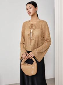 EastFlair 女士前系带休闲衬衫，简约时尚日常穿着，春夏 - 卡其色 - 查看 6