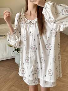 DAZY 2pcs Women Floral All Over Print Loose Long Sleeve Pajamas Set - Beige - View 4