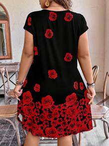 SHEIN LUNE Plus Size Women's Rose Floral Print Knit Round Neck Short Sleeve Loose Casual Fashion Mini Dress - Black - View 2