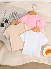 SHEIN Vintaside Kids 3Pcs/Set Baby Girl Comfy Soft Loose Casual Versatile Short Sleeve Tees Tops, Heart & "Love" Letter Print In Pink, White, Apricot, Suitable For Spring & Summer