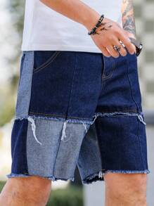 Manfinity Homme Men's Color Block Frayed Hem Denim Shorts Tropical Hang Out Street - Dark Wash - View 7