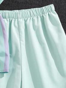 SHEIN 2 件 Tween 男童休闲条纹印花衬衫和宽松短裤套装，适合通勤、上学、日常休闲、度假、运动、春夏秋冬