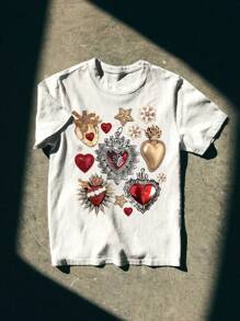 Noixe Y2K Street Faith-Inspired Ruby & Gold Sacred Heart Print Damska koszulka z okrągłym dekoltem