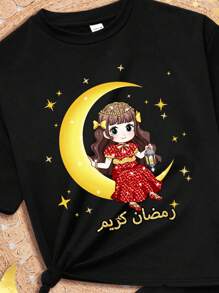 SHEIN Leap Crew Set de 2 piezas de top de manga corta y pantalones con estampado de niña, estrellas y luna, estilo minimalista y casual para niña en verano - Negro - Ver 3